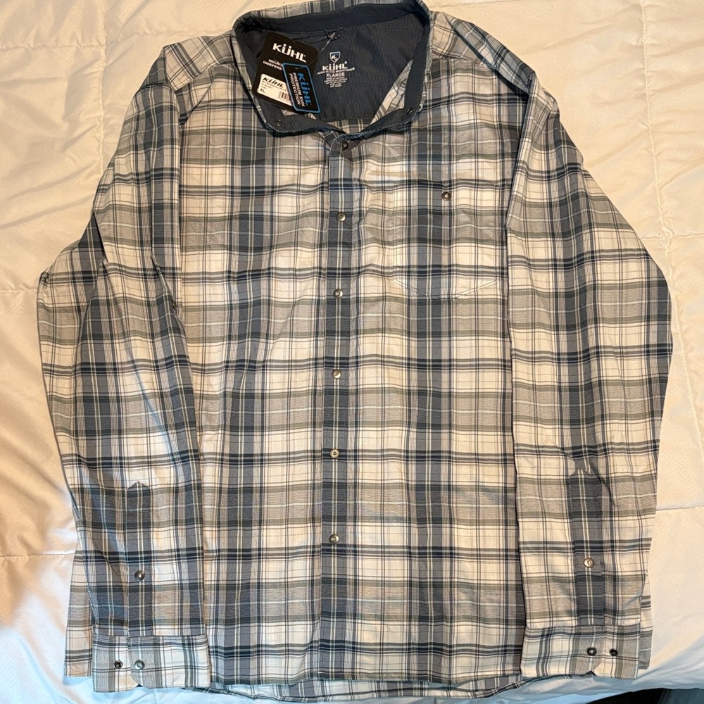 Kuhl Men's Gray and Blue Plaid Button-Down Shirt